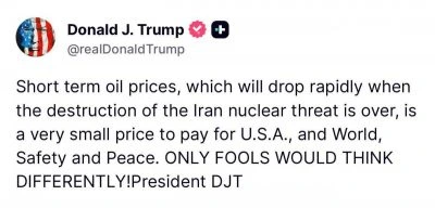 "Невелика ціна за безпеку світу": Трамп прокоментував зростання цін на нафту